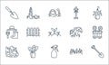Gardening line icons. linear set. quality vector line set such as digging, spray, waterfall, grass, plants, garden tool, mushroom