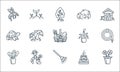 gardening line icons. linear set. quality vector line set such as flower, rake, plants, fountain, gardener, turtle, hanging pot,