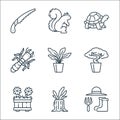 Gardening line icons. linear set. quality vector line set such as garden tool, tree stump, flower pot, bonsai, plant, termite,