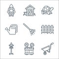 Gardening line icons. linear set. quality vector line set such as wheelbarrow, flower pot, lamp, fence, rake, watering can, turtle