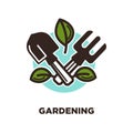 Gardening logo design with spade and rake with green leaves