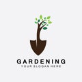 Gardening logo with shovel icon and tree with green leaves logo template