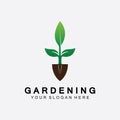 Gardening logo with shovel icon and tree with green leaves logo template Royalty Free Stock Photo