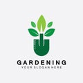 Gardening logo with shovel icon and tree with green leaves logo template Royalty Free Stock Photo