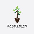 Gardening logo with shovel icon and tree with green leaves logo template Royalty Free Stock Photo