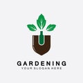 Gardening logo with shovel icon and tree with green leaves logo template Royalty Free Stock Photo