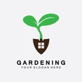 Gardening logo with shovel icon and tree with green leaves logo template Royalty Free Stock Photo