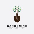 Gardening logo with shovel icon and tree with green leaves logo template Royalty Free Stock Photo