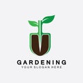 Gardening logo with shovel icon and tree with green leaves logo template Royalty Free Stock Photo