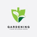 Gardening logo with shovel icon and tree with green leaves logo template