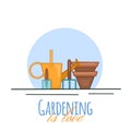 Gardening is love. Contour illustration of gardening tools. Watering can, shovel, rake, pots and lettering. An active hobby Royalty Free Stock Photo