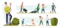 Gardening. Mowing lawn garden plants rural concept characters loving outdoor plants nature care exact vector gardenning