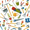 Gardening pattern. Seamless print of garden planting tools, abstract cartoon repeated background for wrapping textile