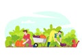 Gardening people gathering harvest, vector illustration. Farmers cartoon characters collecting vegetables in wheelbarrow