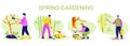 Gardening people set. Spring work in the garden, tree pruning, spraying, whitewashing, cleaning. Vector illustration in