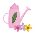 Gardening, pink watering can and flowers isolated icon style