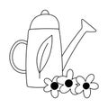 Gardening, pink watering can and flowers isolated line icon style