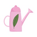 Gardening, pink watering can with leaf isolated icon style