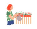 Gardening plant care flat vector illustration. Female florist watering flowers cartoon character. Flowers growing