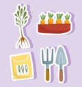 gardening plant carrots pack seeds and tools stickers hand drawn color