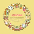 Gardening, planting and horticulture banner with vector line icon. Garden equipment, organic seeds, green house, pruners