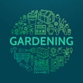 Gardening, planting horticulture banner with vector line icon. Garden equipment, organic seeds, green house, pruners Royalty Free Stock Photo