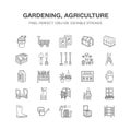 Gardening, planting horticulture line icons. Garden equipment, organic seeds, fertilizer, greenhouse, pruners, watering Royalty Free Stock Photo