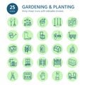 Gardening, planting and horticulture line icons. Garden equipment, organic seeds, fertilizer, greenhouse, pruners