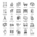 Gardening, planting and horticulture line icons. Garden equipment, organic seeds, fertilizer, greenhouse, pruners