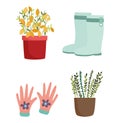 Gardening, potted plant flowers gloves and boots icons