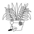 Gardening, potted plant rake and shovel tools line icon style