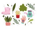 Gardening, potted plants watering can glove boots and leaves