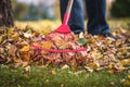 Raking leaves from lawn in garden Royalty Free Stock Photo