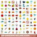 100 gardening reclame icons set, flat style