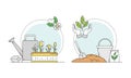 Gardening related symbols set. Growing of seedlings, eco farming concept vector illustration