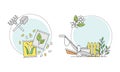 Gardening related symbols set. Growing of seedlings and gardening tools vector illustration