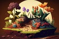 Gardening scene with flowers and soil illustration, generative Ai