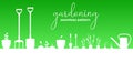 Gardening seamless horizontal banner. Garden equipment and plants, sprouts. White silhouettes on a green background