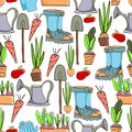 Gardening seamless pattern with garden elements: rake, shovel, seedlings, watering can, rubber boots, onions, carrots, beets
