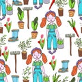 Gardening seamless pattern with garden elements: rake, shovel, seedlings, watering can, rubber boots, onions, carrots, beets Royalty Free Stock Photo