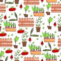 Gardening seamless pattern with garden elements: rake, shovel, seedlings, watering can, rubber boots, onions, carrots, beets Royalty Free Stock Photo