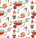 Gardening seamless pattern with gnome, flowers and tools. Spring endless background.