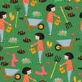 Gardening seamless pattern. Woman with watering can, flowers, vegetables, garden tools, wheelbarrow repeating background Royalty Free Stock Photo