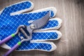 Gardening secateurs with rubber safety gloves on wooden surface