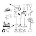 gardening set hand drawn doodle. , minimalism, scandinavian, monochrome, nordic. gardening tools, plants, seeds, potted Royalty Free Stock Photo