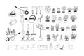 gardening set hand drawn doodle. vector, minimalism, scandinavian, monochrome, nordic. gardening tools, plants, seeds Royalty Free Stock Photo