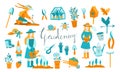 Gardening set of icons and characters, design elements. Garden tools and decor collection isolated on a white background. Vector Royalty Free Stock Photo