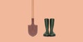 Gardening set tools, rubber boots and shovel isolated on brown background Royalty Free Stock Photo