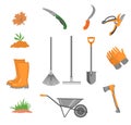 Gardening set. Tools, wooden box, garden gloves, rubber boots, watering can, tags, human hand, soil, scissors, plant pot Isolated Royalty Free Stock Photo