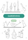 Gardening shop banner in doodle style.Tools for planting,digging and seedling.Equipment for growing flowers.